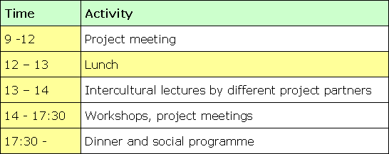 Daily Timetable, 9 to 12 o'clock Project meeting, 12 to 13 o'clock Lunch, 13 to 14 Intercultural lectures
  by different project partners, 14 - 17.30, Workshops, project meetings, 17.30 - Dinner and social programme