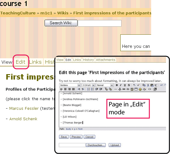 Click on the tab Edit to change the page, or make entries, which creates new pages
